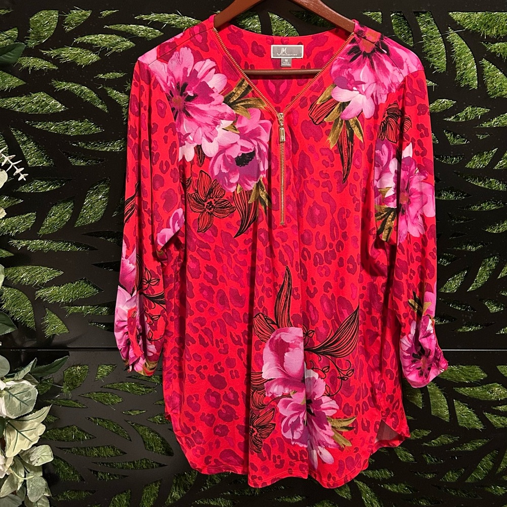 JM Collection Red Floral Blouse, Women's 1x